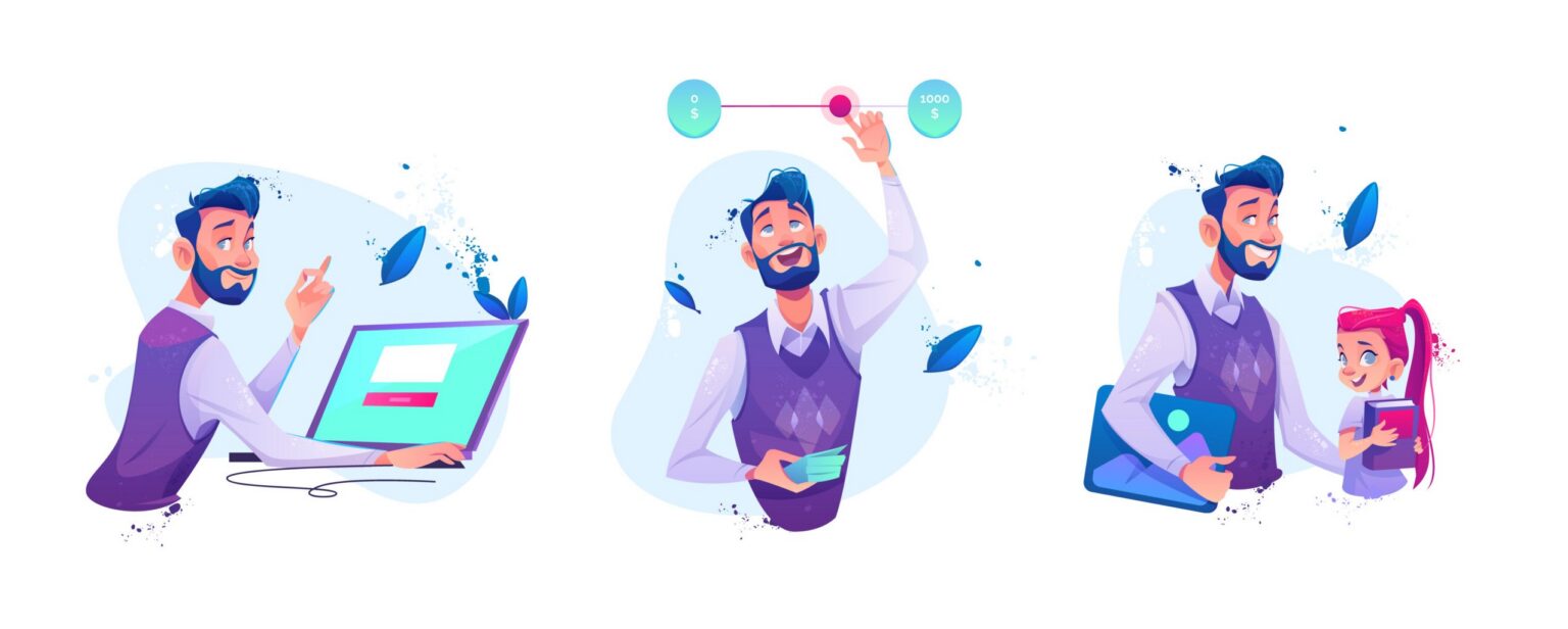 Man sitting at laptop with web page on screen make online order, businessman moving slider switch button for adjustable price or budget money limits, teacher and schoolgirl Cartoon vector illustration