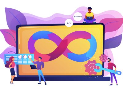 Programmers working on project. Website development methodology. Technical support. DevOps team, software development team, DevOps workflow concept. Bright vibrant violet vector isolated illustration