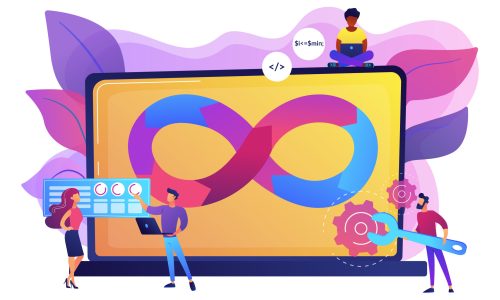 Programmers working on project. Website development methodology. Technical support. DevOps team, software development team, DevOps workflow concept. Bright vibrant violet vector isolated illustration