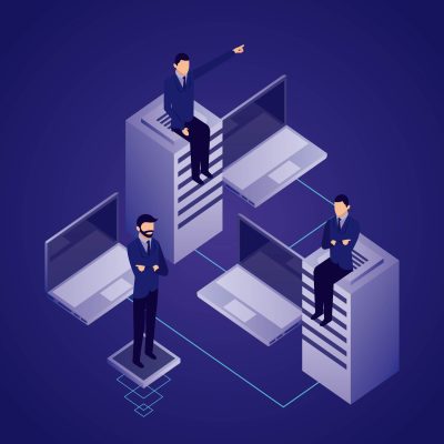 data network businessman sitting pointed computers dataserver vector illustration