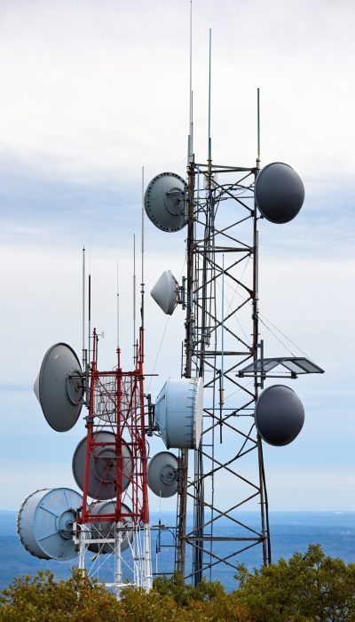 Communication tower at cloudy weather in Massachusetts, USA